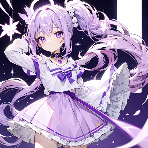 Lilac hair and ponytail，Milky white and bright light purple pupils and clothes，Petite figure，Very small, Sweet loli，Its a fluffy girl