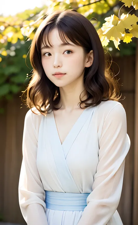 masutepiece:1.2, High quality, Best Quality, High resolution, Detailed, Hyper realistic, girl with, the neck is a little long、15yo student、Natural perm、curly hairstyle、 White cute dress、Blue eyes, Head tilt, Sunset, Colored leaves,ginkgo、 Portrait,  (Detai...