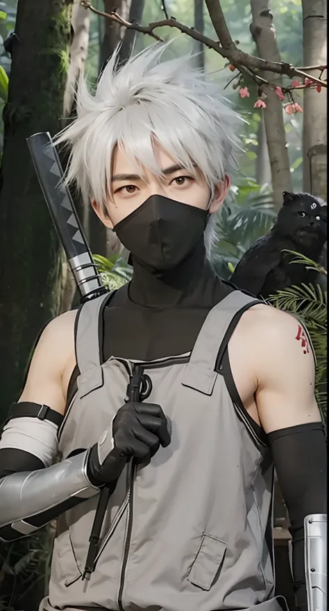 Real life adaption of this character,his name is Kakashi hatake from anime Naruto,Korean handsome face, realistic same outfit wear thick gray vest and gray iron armor on hand,there is a realistic katana on back,holding kunai, realistic same hair, hyper rea...