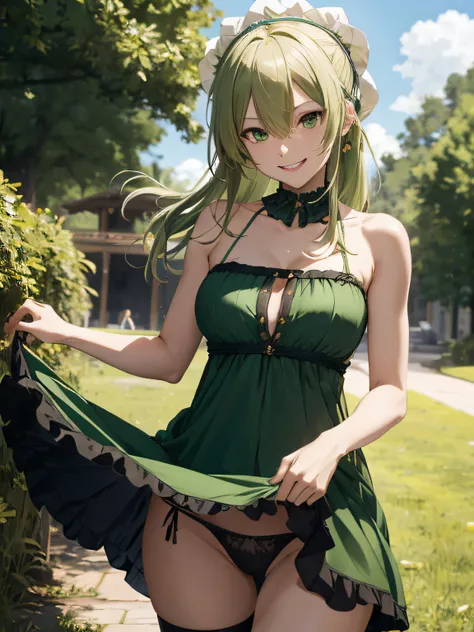 masterpiece, best quality, masterpiece, best quality, highres, bbsaber, green eyes, ahoge, standing, cowboy shot, outdoors, smile,, ((thong:1.1))), (dress lift:1.3),