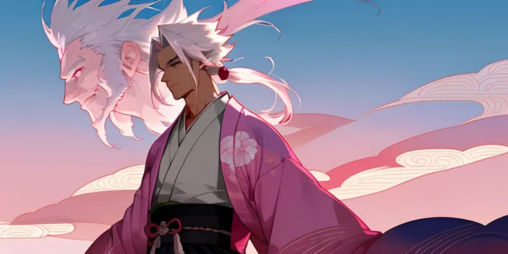 Beautiful, Fantasy, Pink and sky blue gradient, album art, Muscular boy, white hair, Japanese and Western atmosphere, kimono, Samurai Hair, Lumpy, Handsome boy, Solo