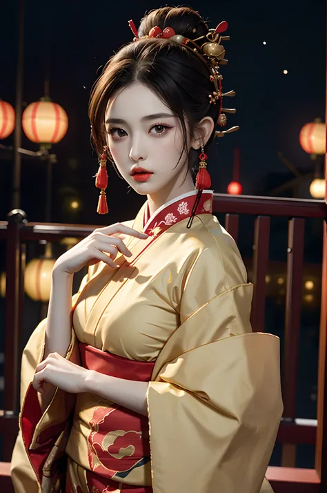 1girl,single hairbun,oiran hair ornament,oiran hairsticks,(looking at viewer),  (bokeh:1.1), parted lips,expressionless, realist...