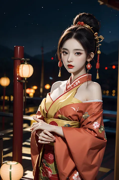 1girl,single hairbun,oiran hair ornament,oiran hairsticks,(looking at viewer),  (bokeh:1.1), parted lips,expressionless, realist...