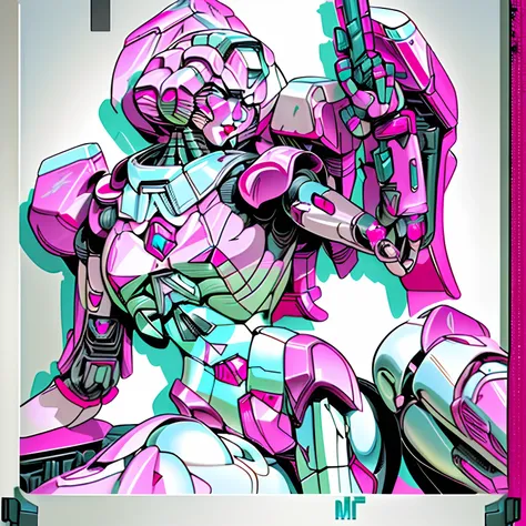 Transformers Arcee, robotic face, pink white armor,pin up art style,