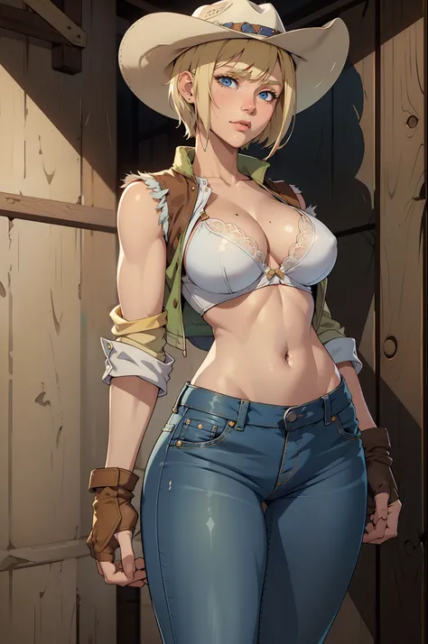 1girl, cowboy hat, white bra, green vest, no sleeve, navel, blue jeans, brown boots, fingerless gloves, short hair, blonde hair, parted bangs, blue eyes, mole under right eye, american old west, best quality, masterpiece