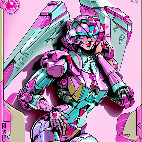 transformers arcee, robotic face, pink white armor,pin up art style,