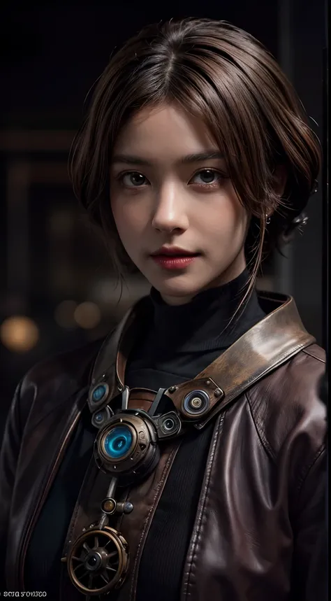 steampunkai, inventor working on a timemachine, a girl, bronze brown wolfcut hair, extremely detailed face, extremely detailed eyes, 8k, starring at camera, zoom out