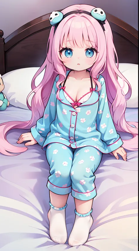 Lori huge breasts cleavage，（（（Small anthropomorphism））），One girl、（Light blue and pink 1:1）、Pink print pajamas，Cute Baby Turtle、Long、Wavy hair、tmasterpiece、Top image quality、top-quality、brunette color hair、Very long hair，White knee-length socks，posing in be...