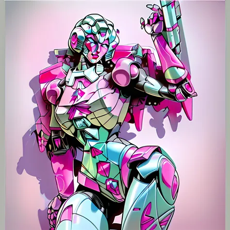 Transformers Arcee, robotic face, pink white armor,pin up art style,