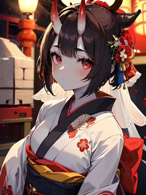 (masterpiece,best quality,ultra-detailed),1girl,short hair, Brown hair,(oni girl 👹,oni horns 👹),(((wedding kimono))),(colored skin,pale red skin),beautiful and detailed face, detailed eyes ,(grey theme),