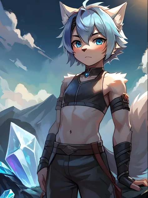 Furry，Wolf boy，White fur，crystal blue eyes，Single fluffy tail，greyt hair，short detailed hair