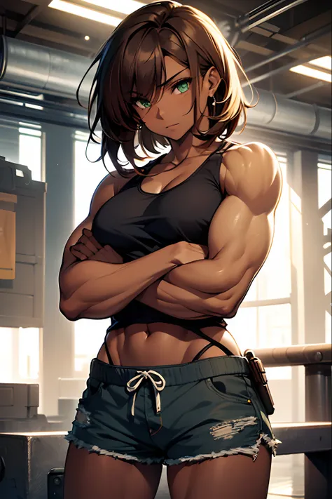 Masterpiece, 1girl, (muscular arms), defined arms, dark skin, light brown hair, green eyes,tank top, tactel shorts, square, park,a girl with masculine hair and muscular arms wearing a tank top and tactile shorts,