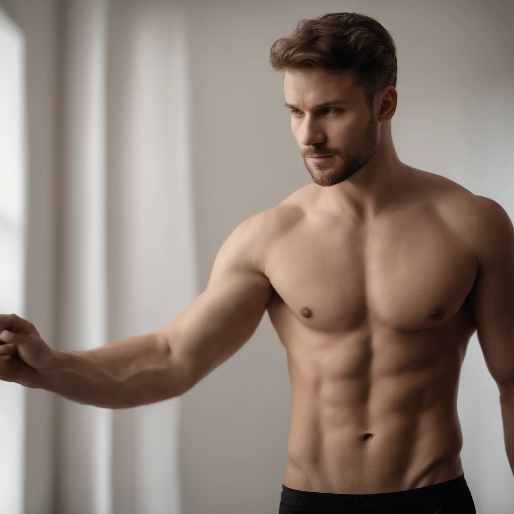 Hyperrealistic cinematic portrait of a handsome 28-year-old white man, Hes shirtless and wearing only black boxer briefs, white photo studio background, corpo musculoso, corpo forte, realistic skin, textured skin, textured skin, detailed skin, 8k quality, ...