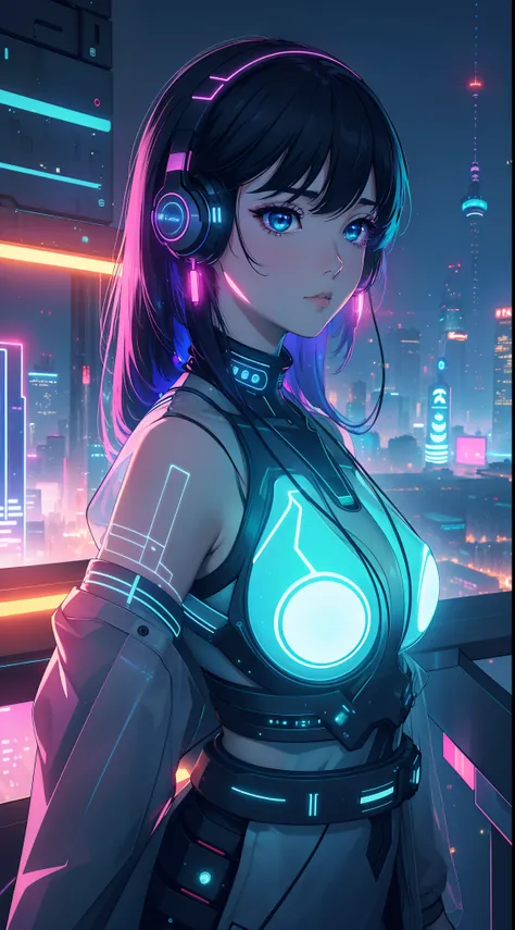 1girll，cyber punk perssonage，afofuturism，Hologram aura，Lagdo ring，Cyberhanfu，Cyberpunk-city，dynamicposes，glowing headphones，luminous hair ornaments，long whitr hair，Luminous earrings，Glowing necklace，cyber punk perssonage，a high-tech city，full of machinery ...