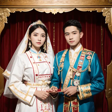 there are two people dressed in traditional clothing posing for a picture, lovely couple, traditional dress, couple, traditional, traditional clothes, wearing traditional garb, happy couple, wearing authentic attire, wedding, groom, bride and groom, weddin...