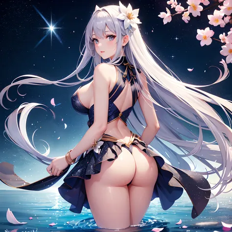 looking back, finest image, beautiful cute sexy lady, perfect proportion, crotch visible from between the buttocks, stars and moon reflected on the water surface, background that emits fantastic light, light particles, light sparkles, petals, scatter white...