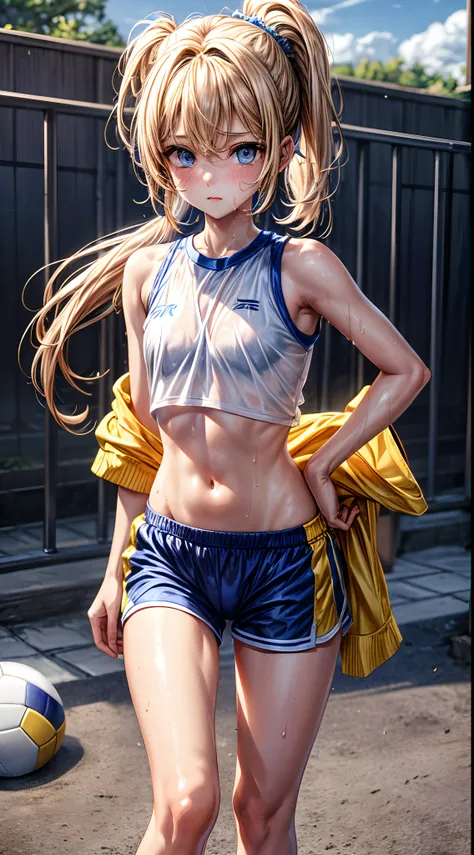 femele,１child 0 years old,golden head hair,sports wear,sportsbra,shortpants,side up ponytail,blue eyes,through,mansuji, are see-...