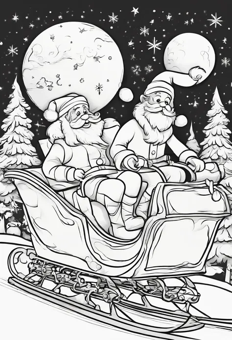 Cute Pixar Style Santa Claus in a beautiful sleigh, being pulled across the sky by cute white fluffy puppies, lineart for colouring page, thin black precise lines on white background,