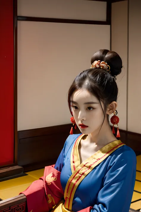 a human female character,taoist, chinese type,single hairbun,(oiran hair ornament,an ancient oiran hairsticks stuck in her hairbun:1.4, age around 20, small breasted, in a traditional wudang outfit, athletic, 165 cm height, 55 kg weight, brown eyes