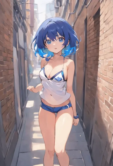 Liko, Blue eye, navy blue, hair, young girl, white shorts, no too, no bra, exposed breasts, masterpiece, blank eyed stare, in an alleyway, pokémon girl,