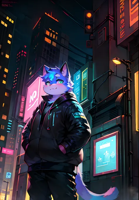 "Create a digital painting of a fat anthropomorphic cat character dressed in a futuristic cyberpunk outfit, standing on a neon-lit street corner of a bustling city at night. The cat should have expressive eyes and an air of mystery about them."