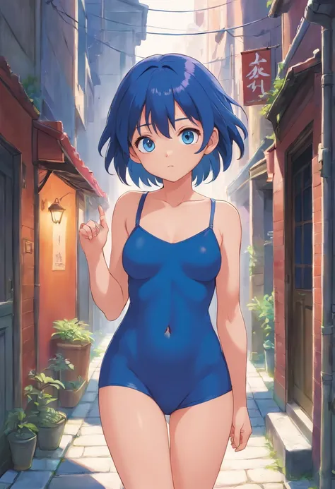 Liko, Blue eye, navy blue, hair, young girl, naked, no clothes, nude, exposed boobs, small boobs, cute girl, pouting, masterpiece, in an alleyway, pokémon girl, ultra high quality, highly detailed, best quality,