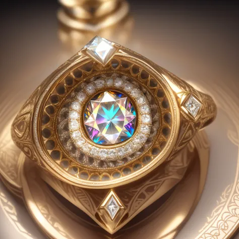 Product display photoshoot, Diamond ring, close up shot, hyper realistic, attention to detail, gold base ring, beautiful complex patterns on the diamond, colorful reflection off the diamond.