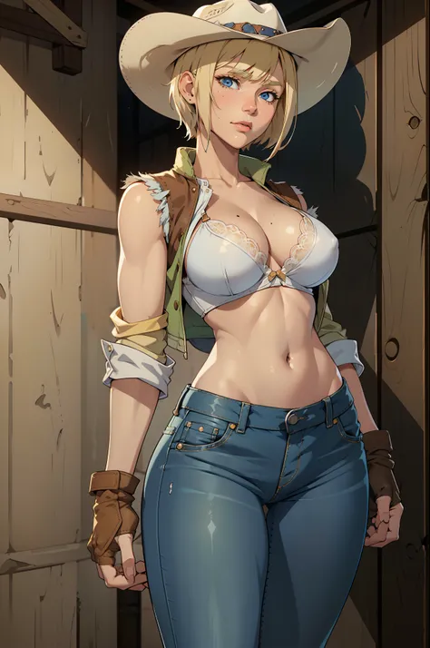 1girl, cowboy hat, white bra, green vest, no sleeve, navel, blue jeans, brown boots, fingerless gloves, short hair, blonde hair, parted bangs, blue eyes, mole under right eye, american old west, best quality, masterpiece