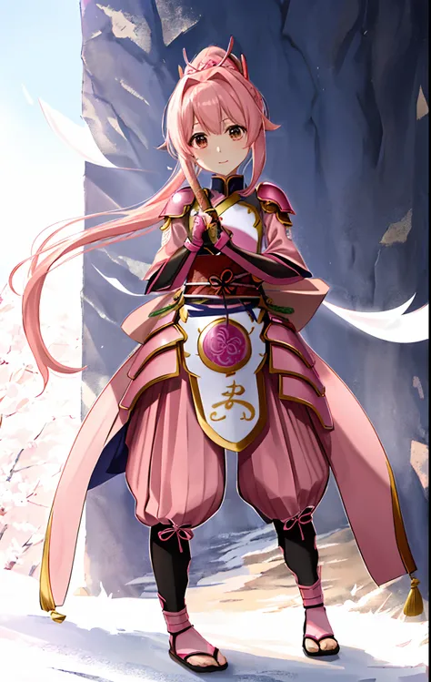 masuter piece、pink armor、A pink-haired、Armor Musha、Japanese Katana Sword、an anime girl、Sengoku Warlord、Beautuful Women、A Japanese style、full body Esbian