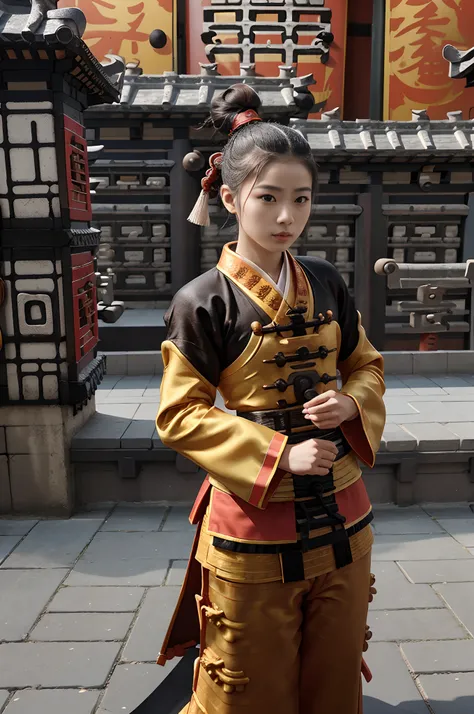 a human female character, taoist,chinese type,hairbun, age around 20, small breasted, (in a traditional wudang outfit:1.5),an ancient oiran hairstick stuck in her head, athletic, 165 cm height, 55 kg weight, brown eyes