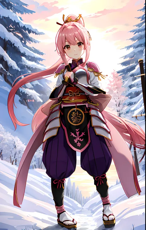 masuter piece、pink armor、A pink-haired、Armor Musha、Japanese Katana Sword、an anime girl、Sengoku Warlord、Beautuful Women、A Japanese style、full body Esbian