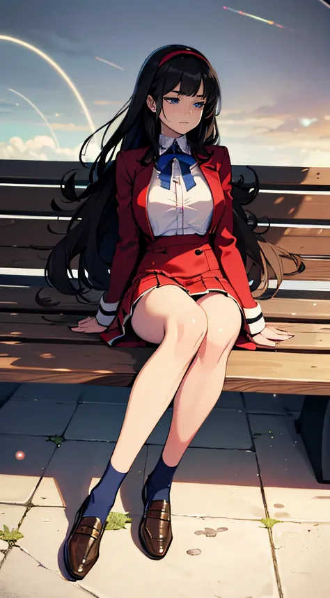 ((mastepiece, top quality)), (solo), distant viewPoor breast, slim thighs, eyes closed, sleepy expression, uniform, yellow hair band, long white shirt, blue ribbon across chest, red blazer, red vest, beige skirt, shiny black stockings Loafer Shoes, Teen Gi...