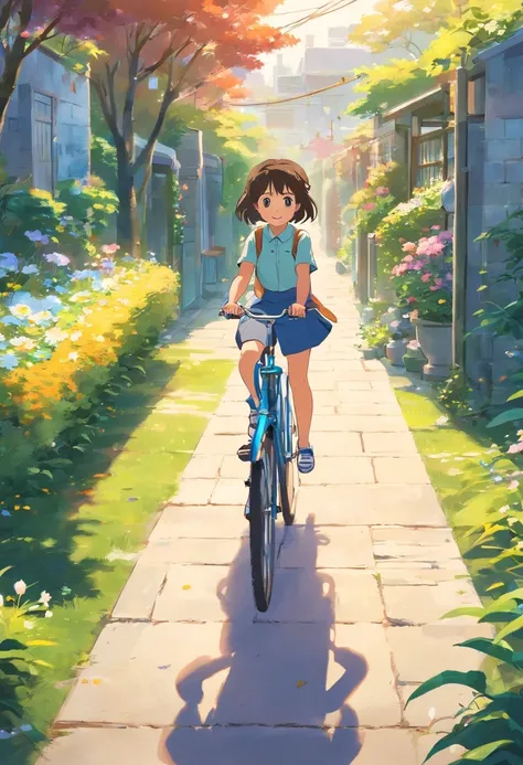 5 year old girl riding a bicycle, Next to it is followed by a round-eyed little flower cat,Garden path,