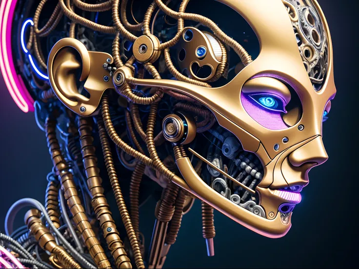 ((Altamente detallado)), ((Obra maestra)), (fotorrealista: 1.4), Mujer Cyborg Futurista, Complex biomechanical design, Ultra realismo 8K, Soft natural lighting, neon highlights, Fine metallic bone structure, Juego de color iridiscente, Arte inspirado en Gl...