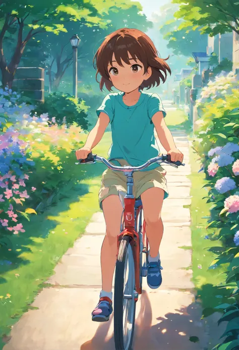 5 year old girl riding a bicycle, Next to it is followed by a round-eyed little flower cat,Garden path,