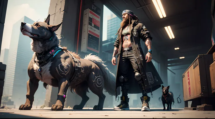 A funky long beard man with dredlock hair, full body , tattooed ,cyborg, a dog, cyber punk style, cinematic, full detailed, hyper realistic face, masterpiece, hyper detailed