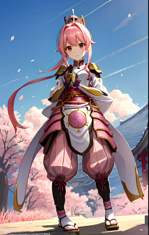 masuter piece、pink armor、A pink-haired、Armor Musha、Japanese Katana Sword、an anime girl、Sengoku Warlord、Beautuful Women、A Japanese style、full body Esbian