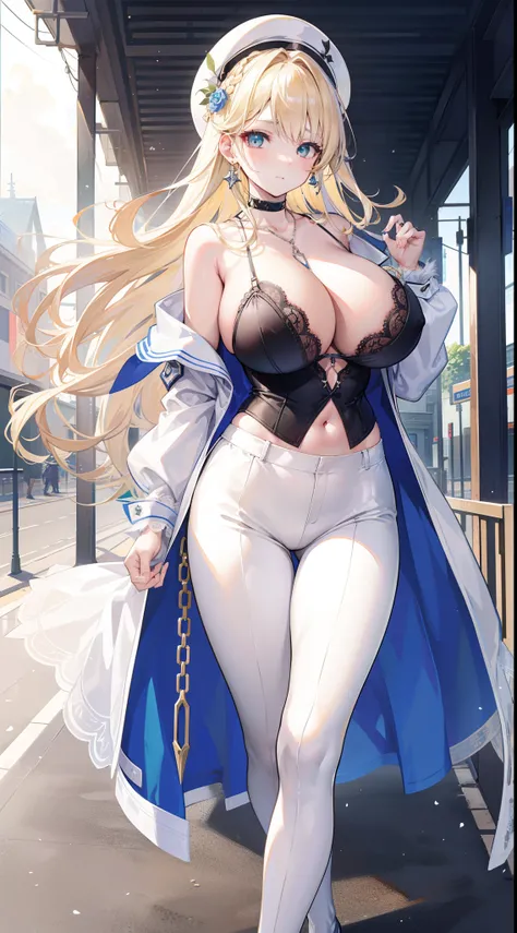 Chains，耳Nipple Ring，choker necklace，Forehead，middle parted hairstyle，femele，Train station，a beauty girl，Long light blonde hair，green pupills，Business suit，white business suit，in suit，White color blouse，shorter pants，wind coat，Cowboy hat，Flower arrangement ...