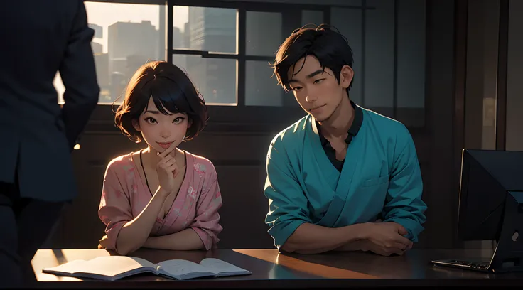 Its two people in the room, one is a woman and the other is a man, at office, High definition, Ikuo Hirayama, Yoshitomo Nara, Sobre a mesa, Tadashi Nakayama, sorridente, beautiful face,