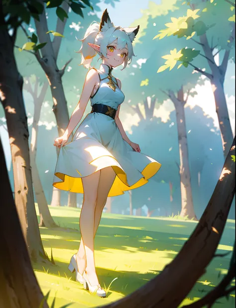 1girl,medium breasts,white dress,sleeveless,short ponytail hair,yellow eyes,white hair,fox ears,elf ears,(sunlight, dappled sunlight, day, depth of field,outdoor,grass,trees),happy smile,full body