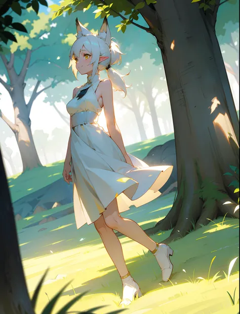 1girl,medium breasts,white dress,sleeveless,short ponytail hair,yellow eyes,white hair,fox ears,elf ears,(sunlight, dappled sunlight, day, depth of field,outdoor,grass,trees),happy smile,full body