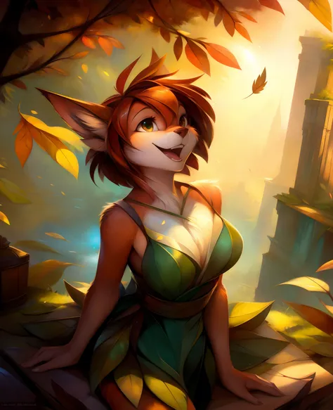 einshelm,,, elora furry, detailed and extremely fluffy body fur, fluff, masterpiece, looking up beautiful surroundings, detailed background, happy, leaf-dress,