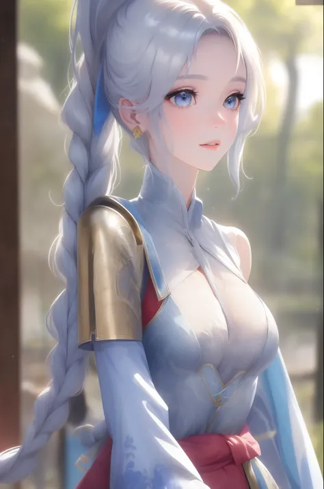 (best quality,masterpiece:1.2), 1girl, long hair ponytail, beautiful blue eyes, elegant silver wavy hair, intricate braid, flowi...