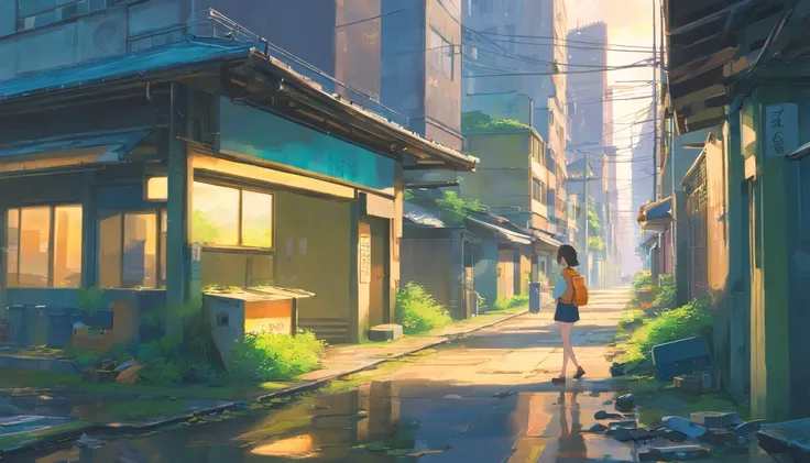 A city ruined surrounded by garbage, moss and branches have grown, but its decay and beauty are intertwined, the reinforced concrete buildings radiate an air of hope in the doomsday sun, and the art style is close to realism in detail, the color is orange ...