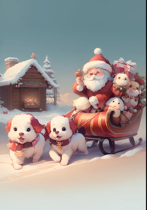 Cute Pixar Style Santa Claus in a beautiful sleigh, being pulled across the sky by cute white fluffy puppies, vibrant, colourful masterpiece