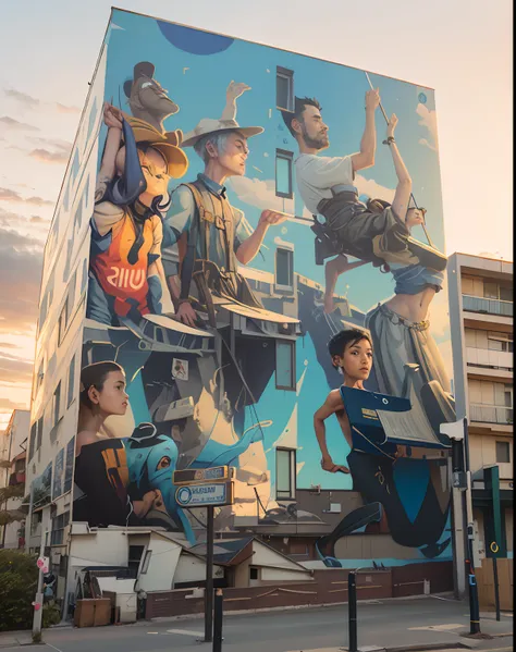 mural of a group of people on a building with a sky background, by NEVERCREW, mural art, by Clément Serveau, by Michel Kikoine, muralism, streetart, artist unknown, by Ladrönn, by Paul Guigou, mural, fintan magee, unknown artist, by Raphaël Collin, by Crao...