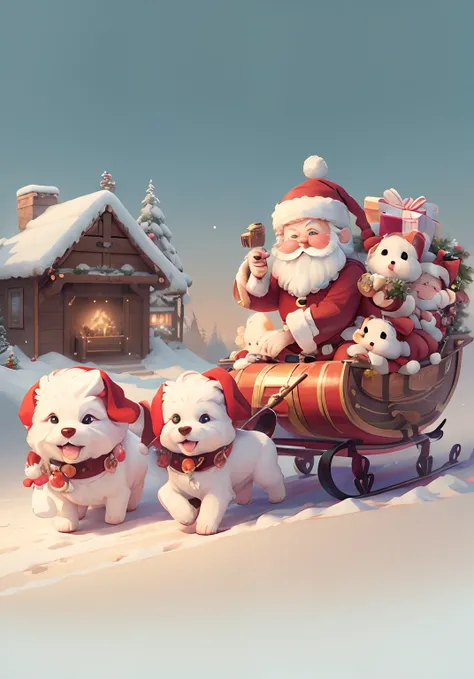 Cute Pixar Style Santa Claus in a beautiful sleigh, being pulled across the sky by cute white fluffy puppies, vibrant, colourful masterpiece