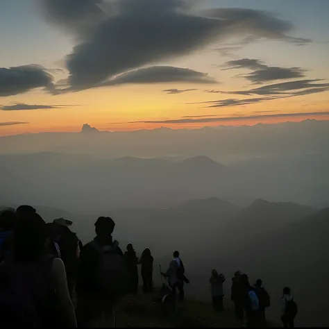 People stand on top of a mountain to watch the sunset, during sunrise, late sunset, Sunset view, 8 k. filling of the view, At sunrise, At sunset, mountains and sunset!!, reddit post, late sunset, during dawn, 8 k. filling most of the view, beautiful and sp...