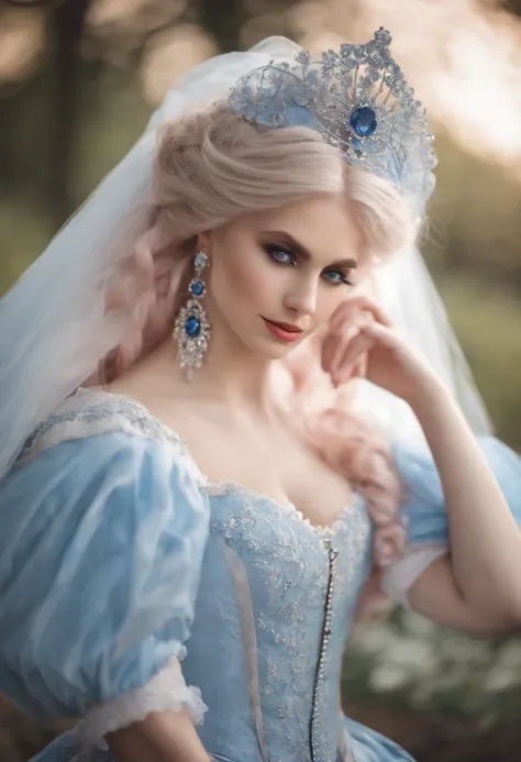 A girl with light pink hair, blue eyes, and white eyelashes, wearing a beautiful blue Victorian dress, holding her face. A huge man with black hair and red eyes, with a beautiful smile, puts his hand on her waist, dressed like a duke, like a prince and pri...