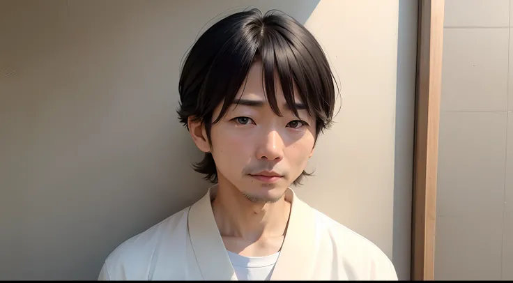 Young man in Japan。White wall background。Age is about 35 years old。Clean and lean。The hairstyle is not too long。bangs are slightly droopy。Small face。Talking under the bright sun。